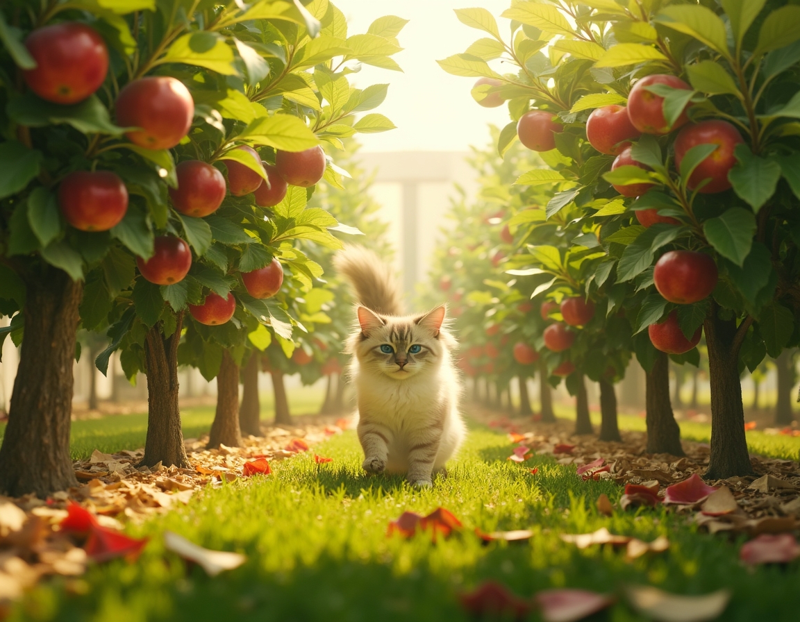 Cat explores an orchard filled with fragrant fruit and dappled sunlight.